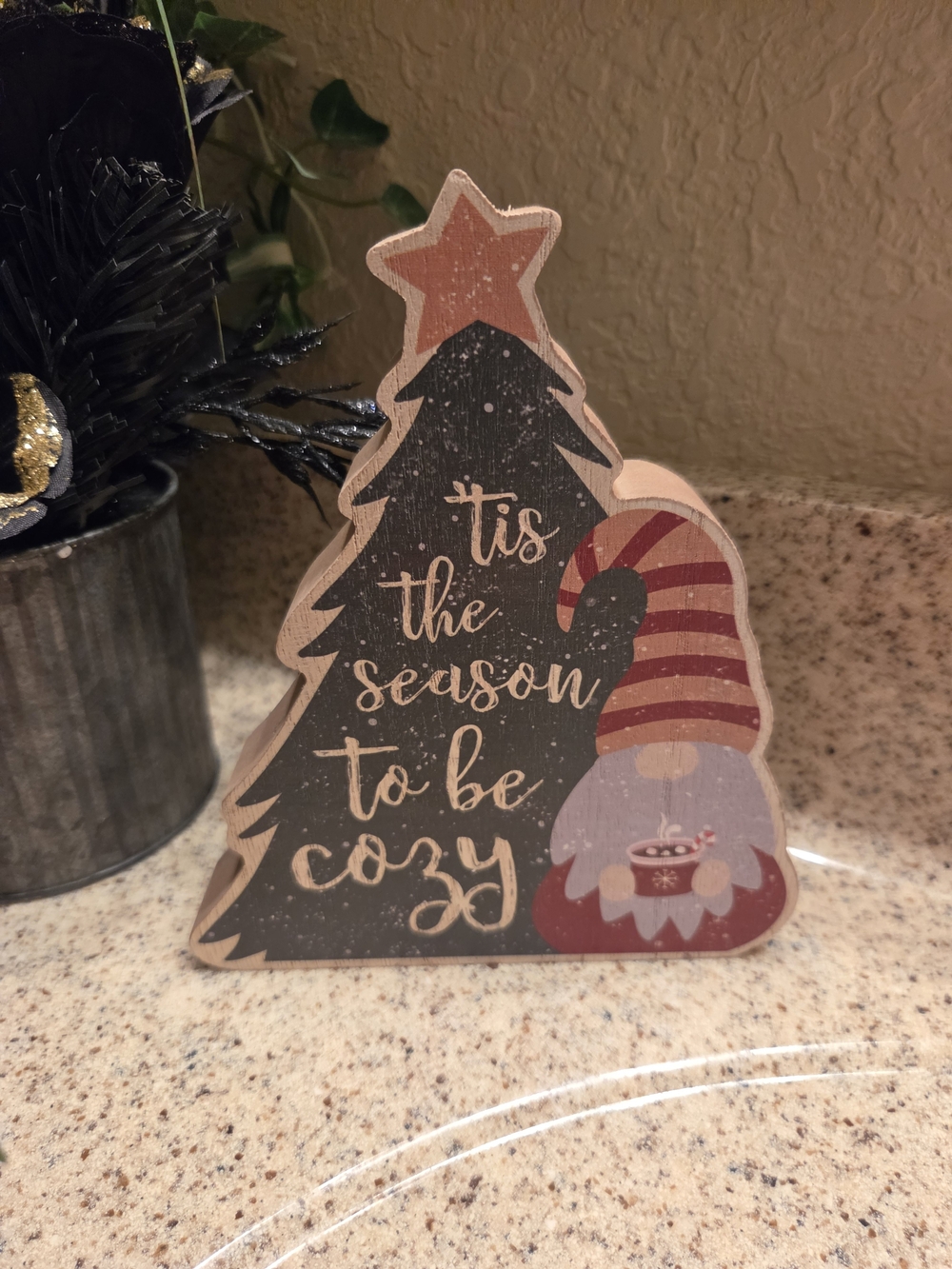 'Tis the Season to Be Cozy Wooden Gnome Tree Sign